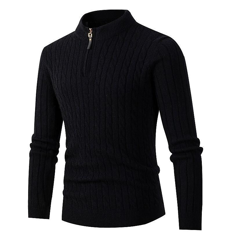 Chandail pour hommes en tricot torsadé, demi-zip, de couleur unie, à col montant