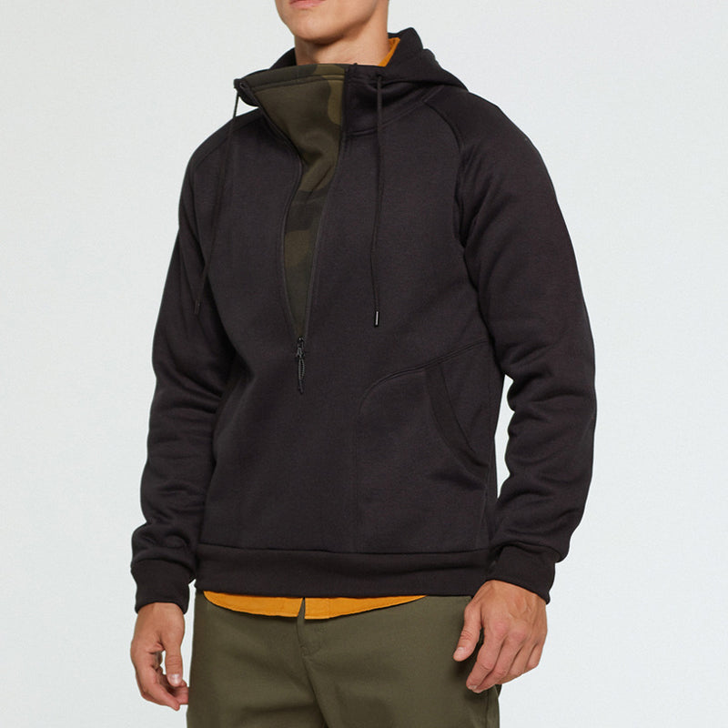 Sweat à capuche tendance en patchwork camouflage brossé à col en V zippé pour homme