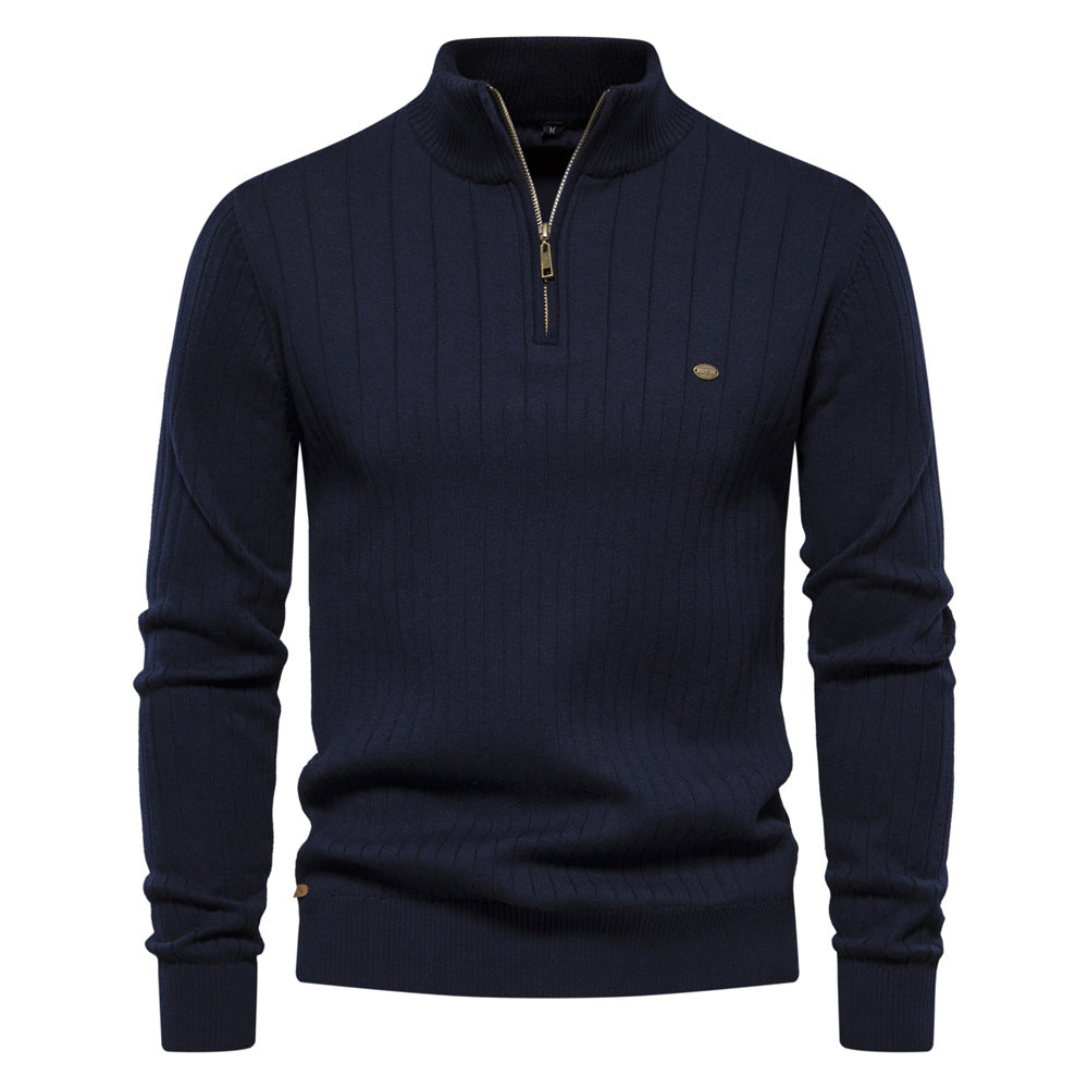 Pull homme en coton décontracté à col montant et demi-fermeture éclair
