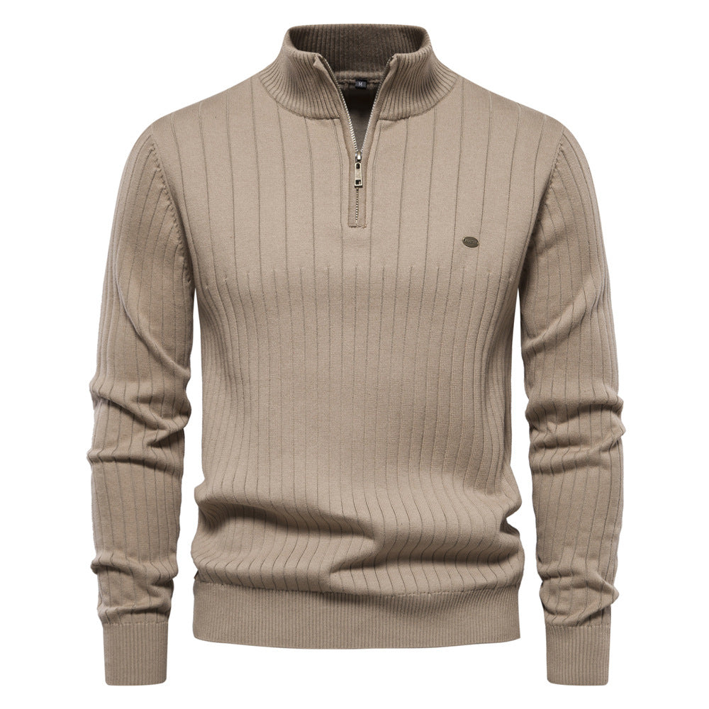 Pull homme en coton décontracté à col montant et demi-fermeture éclair