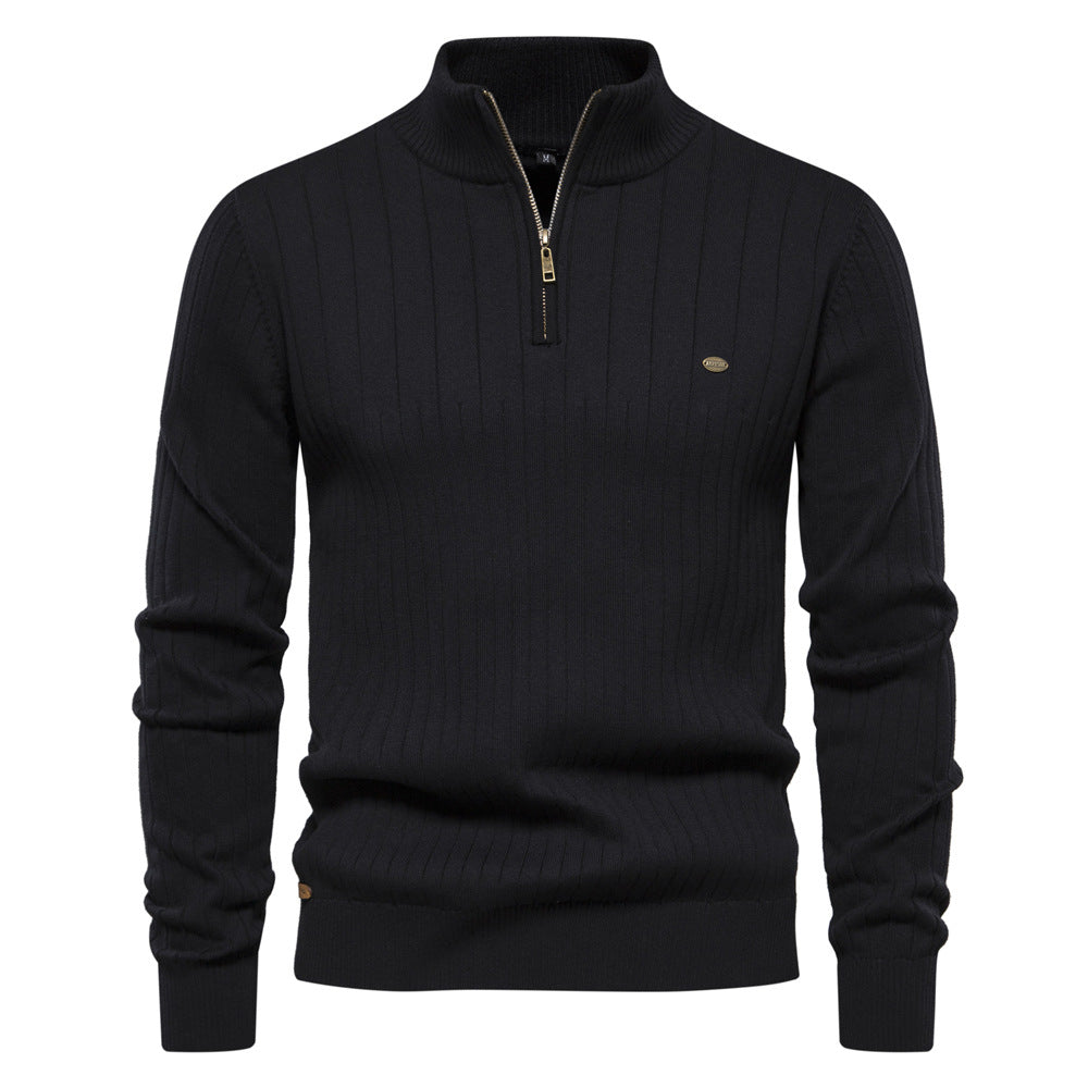 Pull homme en coton décontracté à col montant et demi-fermeture éclair