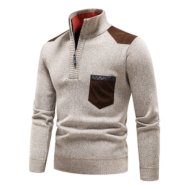 Pull en molleton demi-zippé pour homme, col montant et blocs de couleur