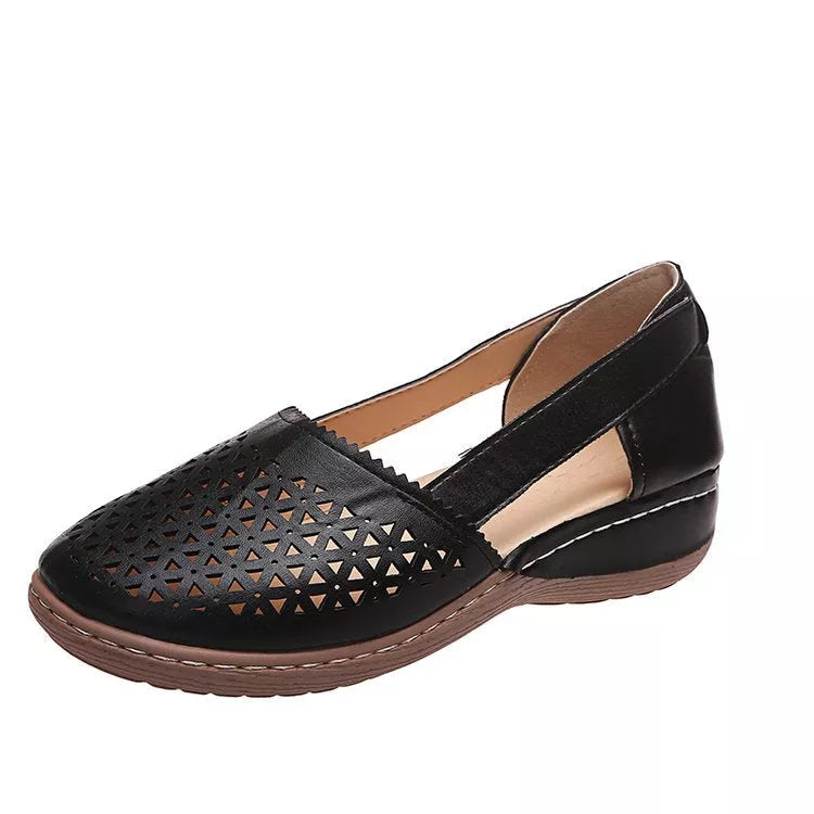 Sandales compensées orthopédiques évidées en PU de style vintage pour femme